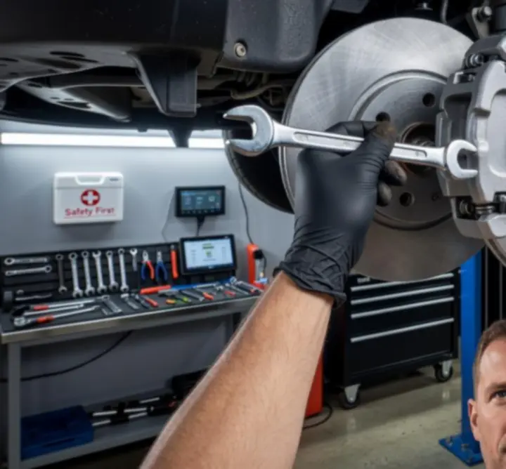 Close-up of a technician repairing a vehicle brake system
