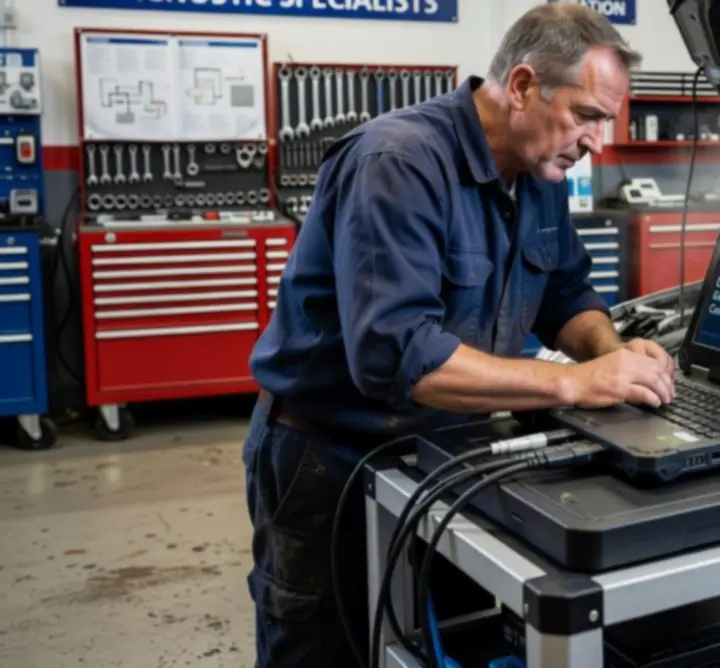 Advanced vehicle diagnostic equipment connected to a car in the workshop