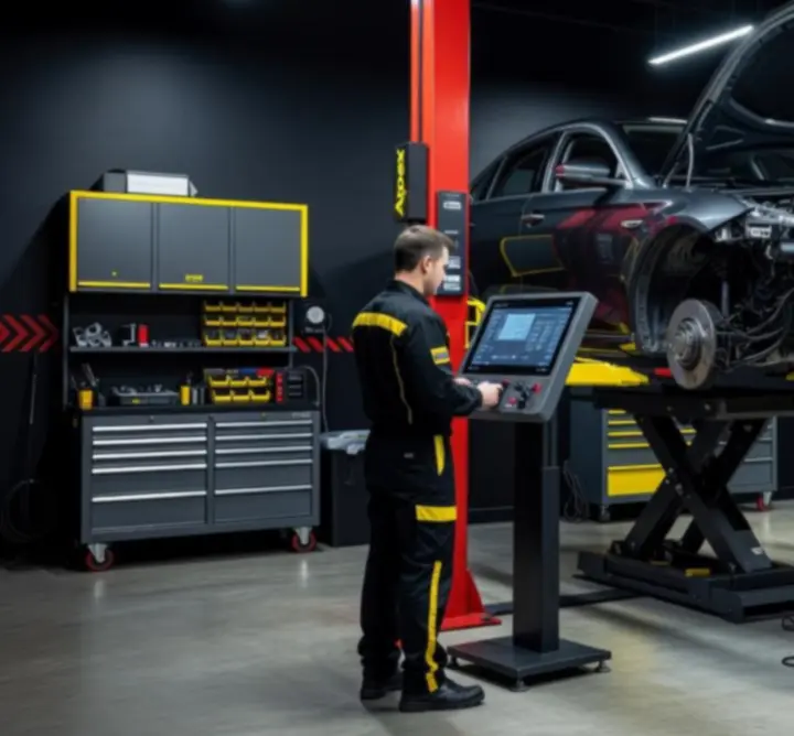Modern diagnostic workshop with hydraulic lifts and test equipment