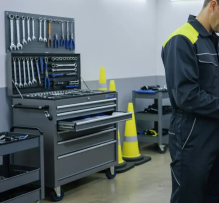 Mechanic using diagnostic equipment in a professional vehicle repair workshop