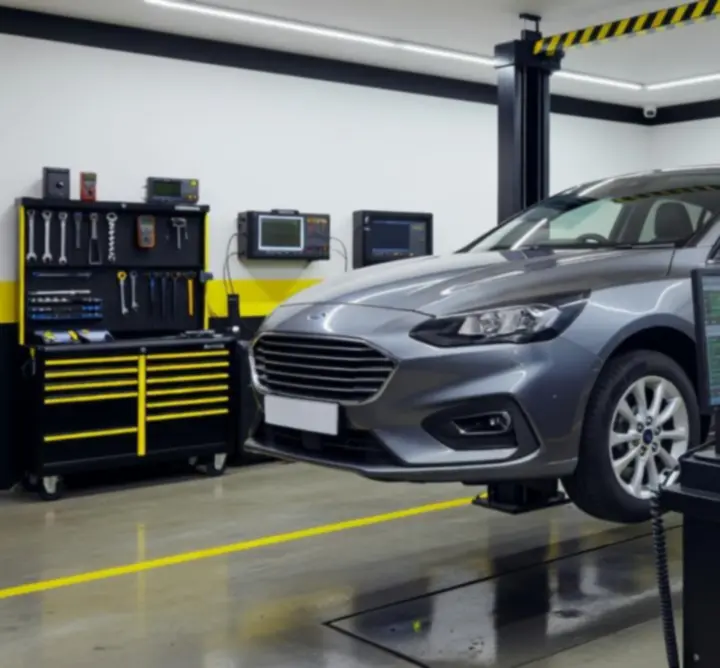Vehicle in a diagnostics workshop bay with diagnostic equipment connected