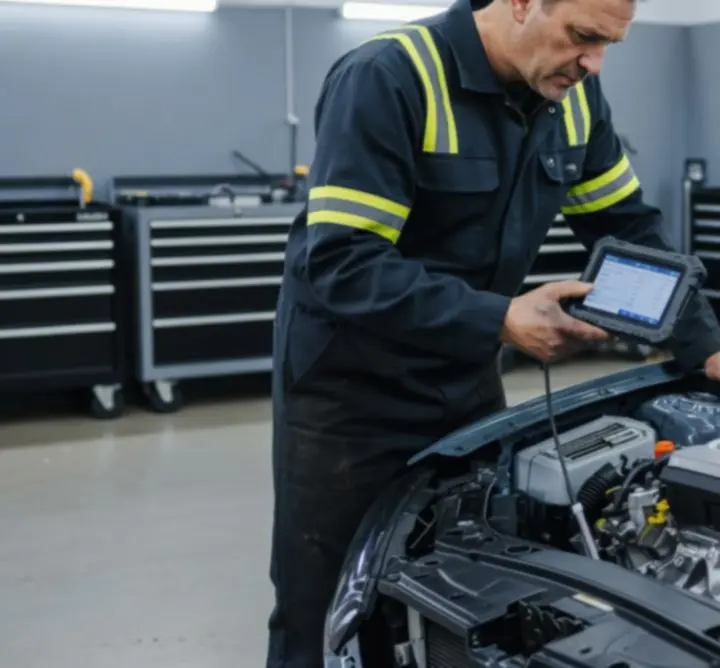 Technician performing engine diagnostics on a vehicle