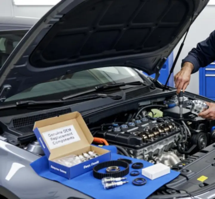 Technician working under the bonnet on an engine repair
