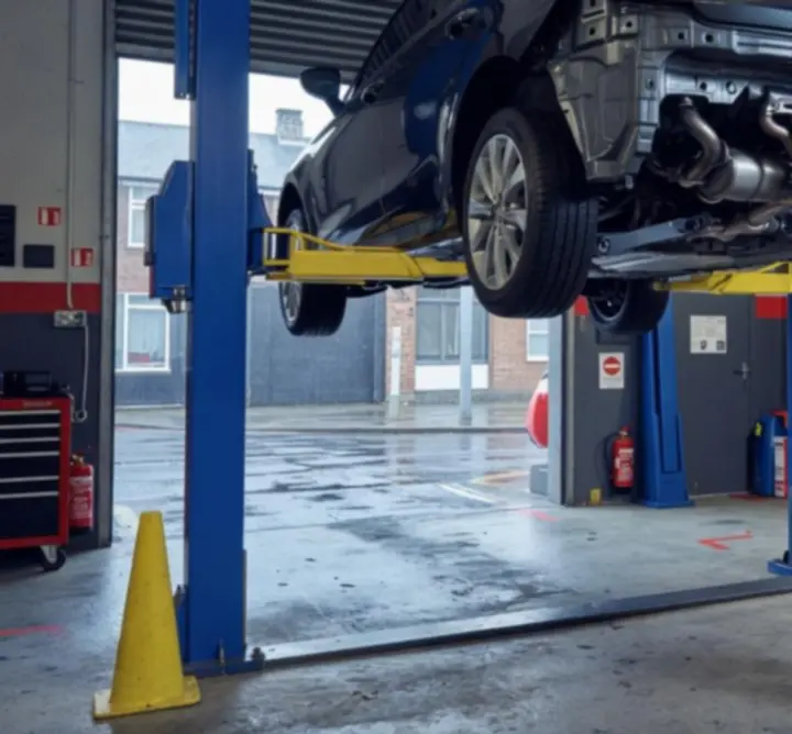 Vehicle exhaust system being repaired in a workshop