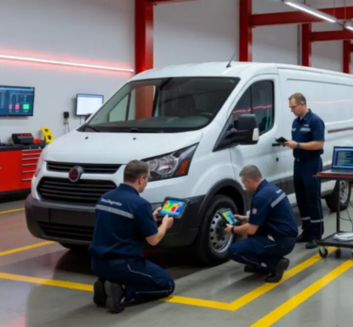 Row of commercial vehicles in a fleet diagnostics bay