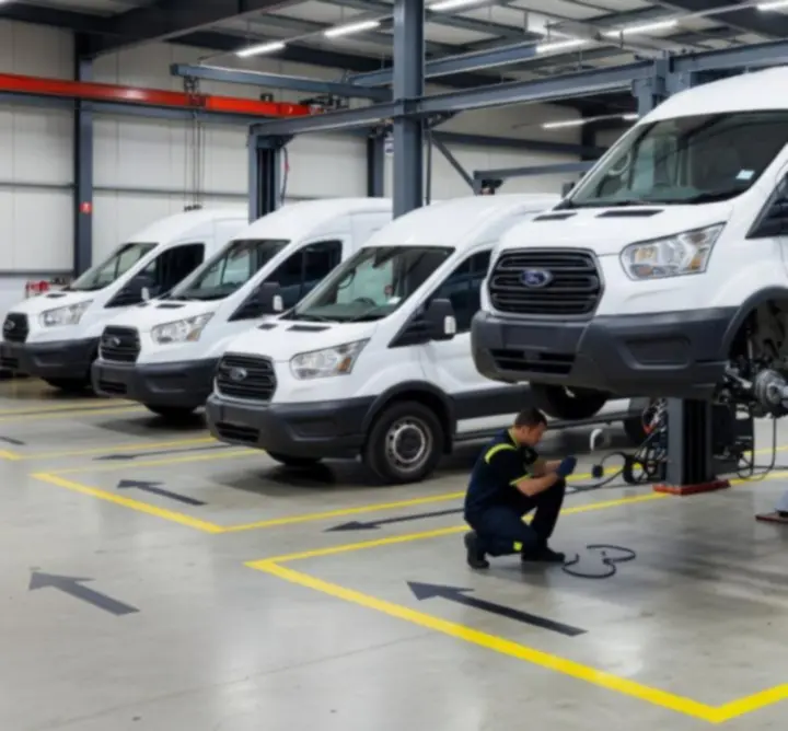 Commercial fleet van raised on a lift for suspension inspection