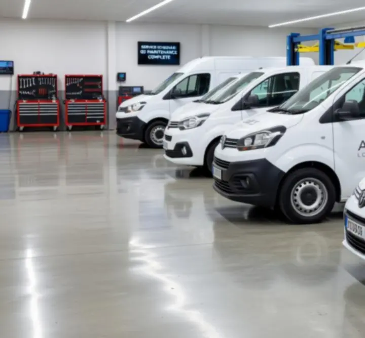 Commercial fleet vehicles undergoing maintenance in a workshop