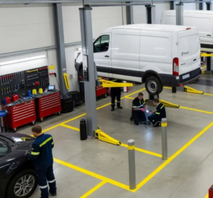 Professional fleet workshop with multiple vehicles on hydraulic lifts