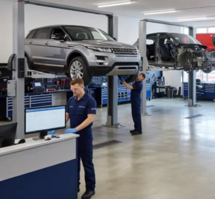 Professional vehicle maintenance taking place in an industrial workshop