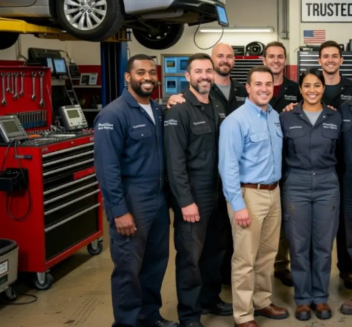 Group of workshop technicians and customer care staff in a professional automotive environment