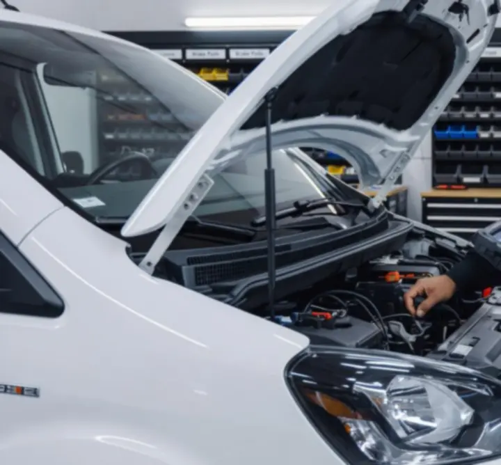 Mechanic using advanced diagnostic equipment on a fleet vehicle