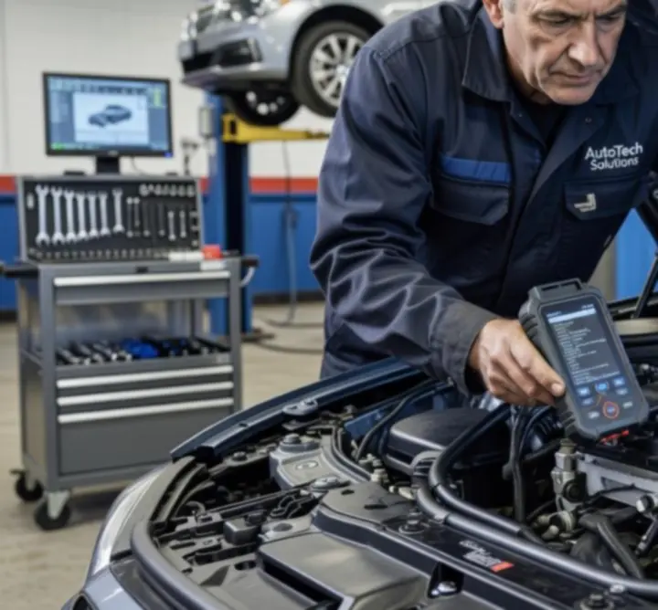 Mechanic working under the bonnet of a vehicle using diagnostic tools
