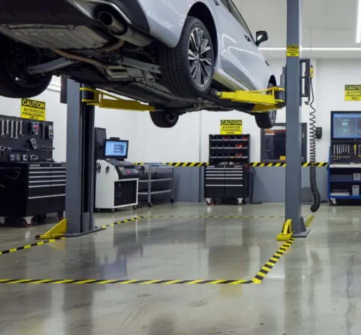 Modern automotive workshop interior with vehicle lifts and diagnostic equipment