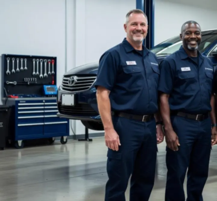 Team of professional automotive mechanics in a modern workshop