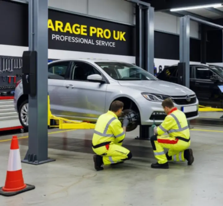 Professional automotive workshop with vehicles on hydraulic lifts