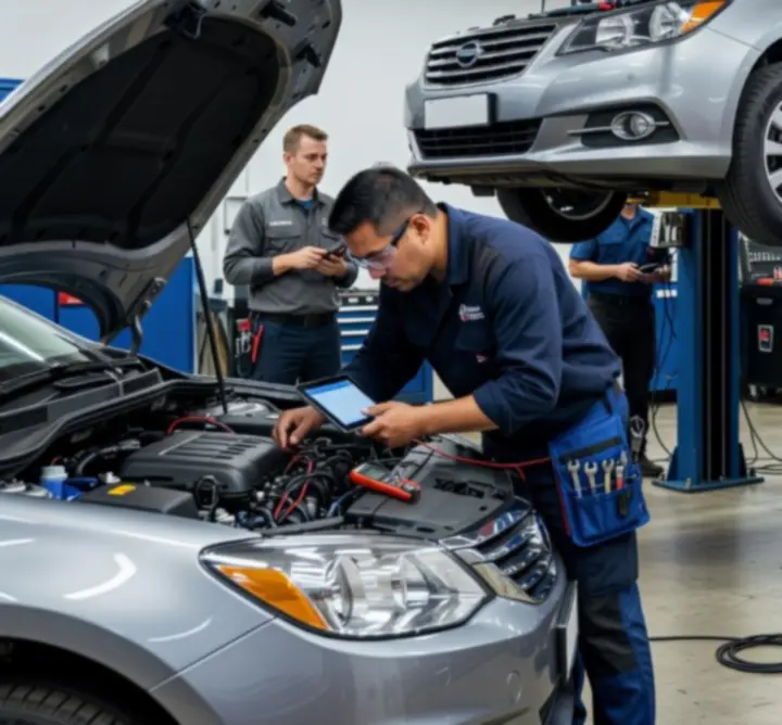 Skilled automotive mechanics working in a professional UK workshop environment