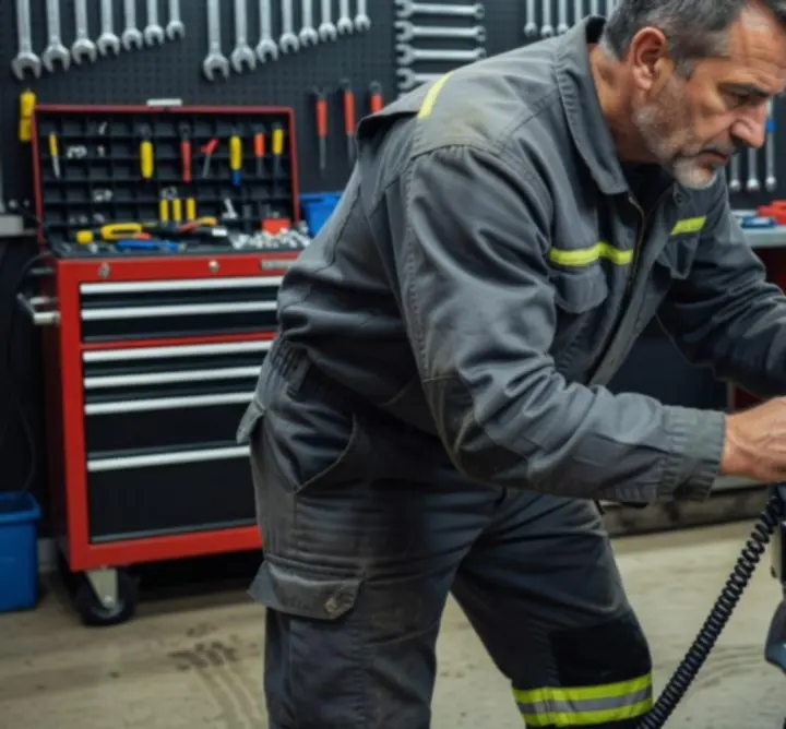 Technician operating advanced vehicle diagnostic equipment