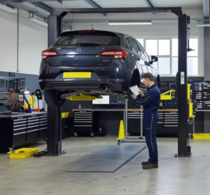 Modern vehicle workshop interior with technicians and diagnostic equipment